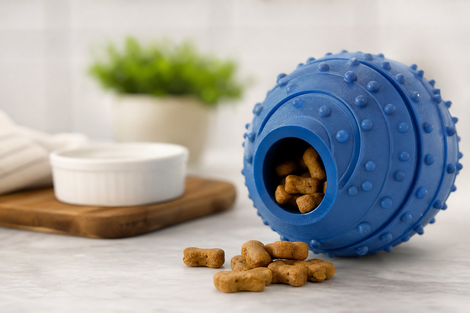 Rubber treat dispenser filled with treats on a bright surface
