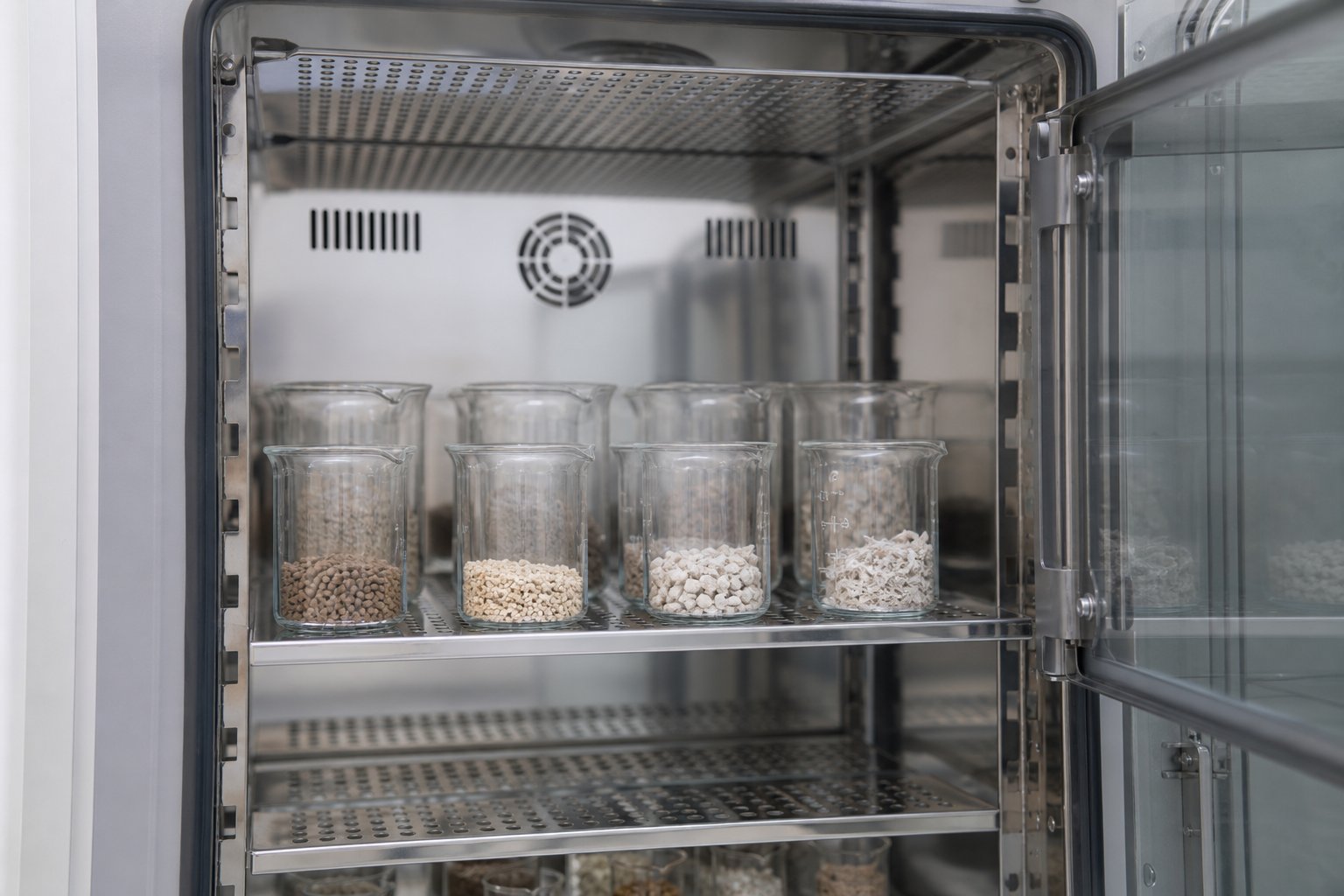 Laboratory migration testing setup with sample beakers in a controlled unit