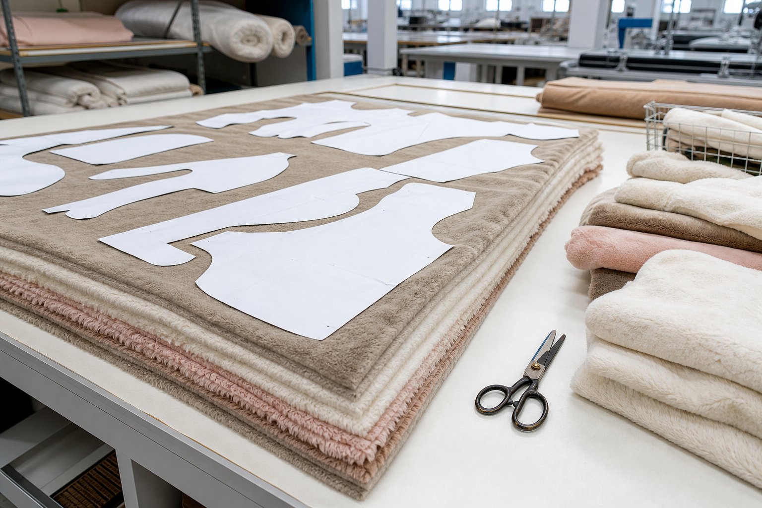 Layered plush fabric and pattern pieces on a factory cutting table