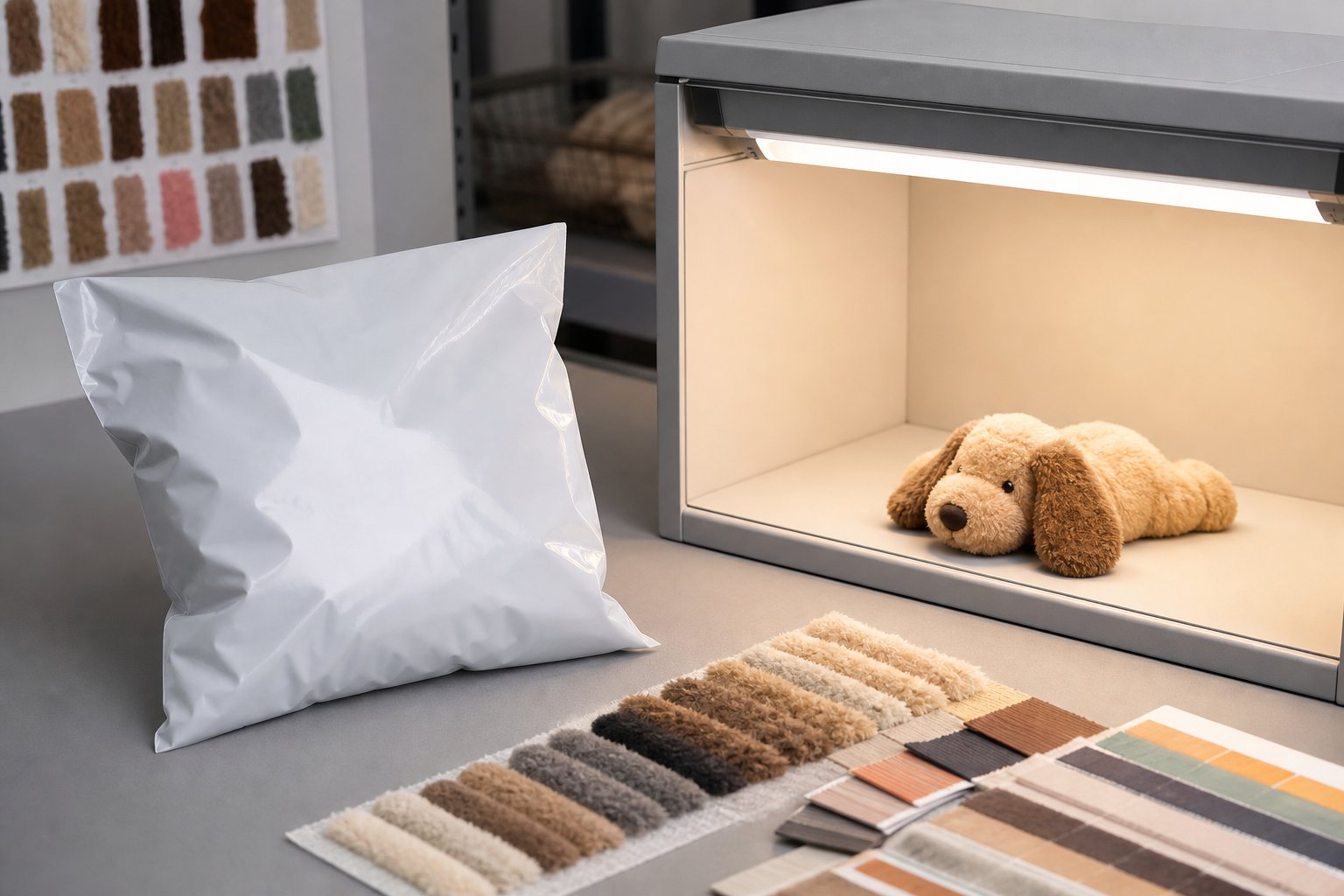 Plush toy sample in a sealed bag beside a color assessment light booth