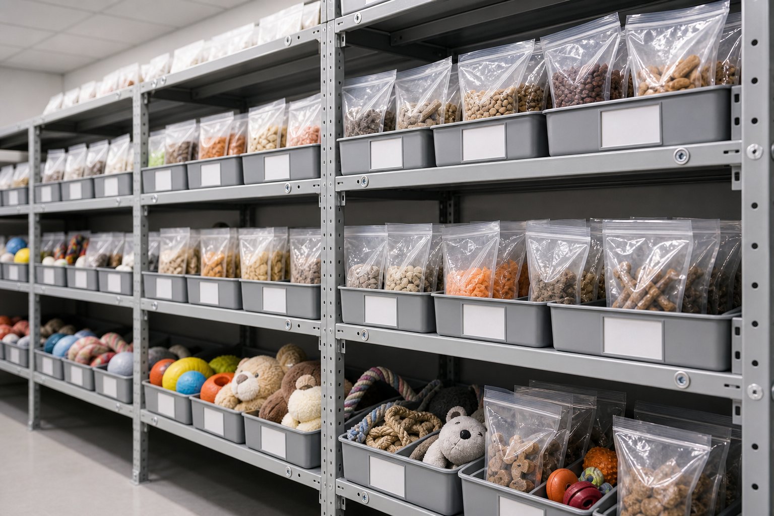 Sealed sample pouches and retained toys stored on labeled shelves