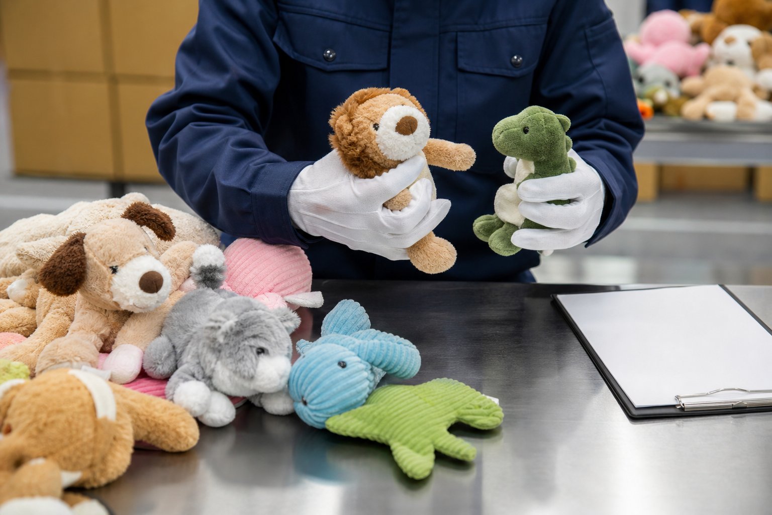 Inspector sorting plush toys on an inspection table with a clipboard