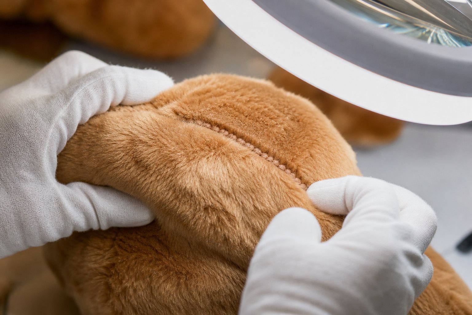 Plush toy seam examined closely under an inspection lamp