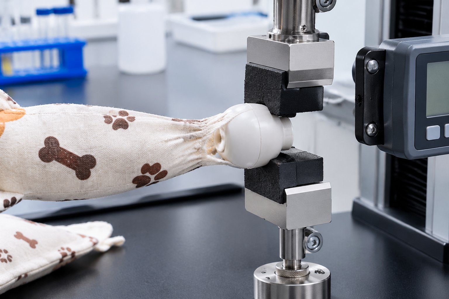 Mechanical force gauge pulling a squeaker unit from a fabric pouch