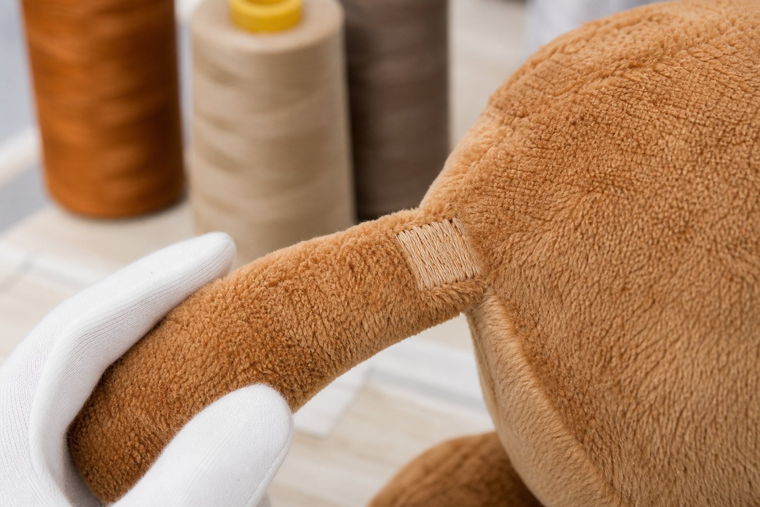 Close-up of reinforced stitching and a bartack on a plush toy seam at an inspection bench