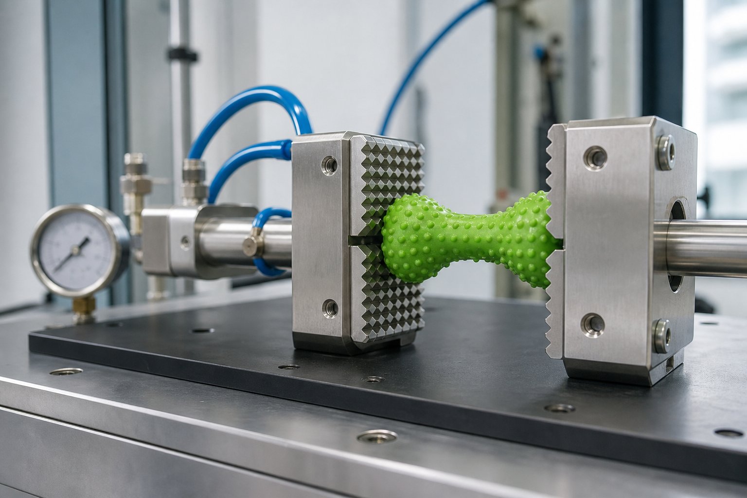Pneumatic clamps with tooth-patterned faces cycling on a rubber chew toy