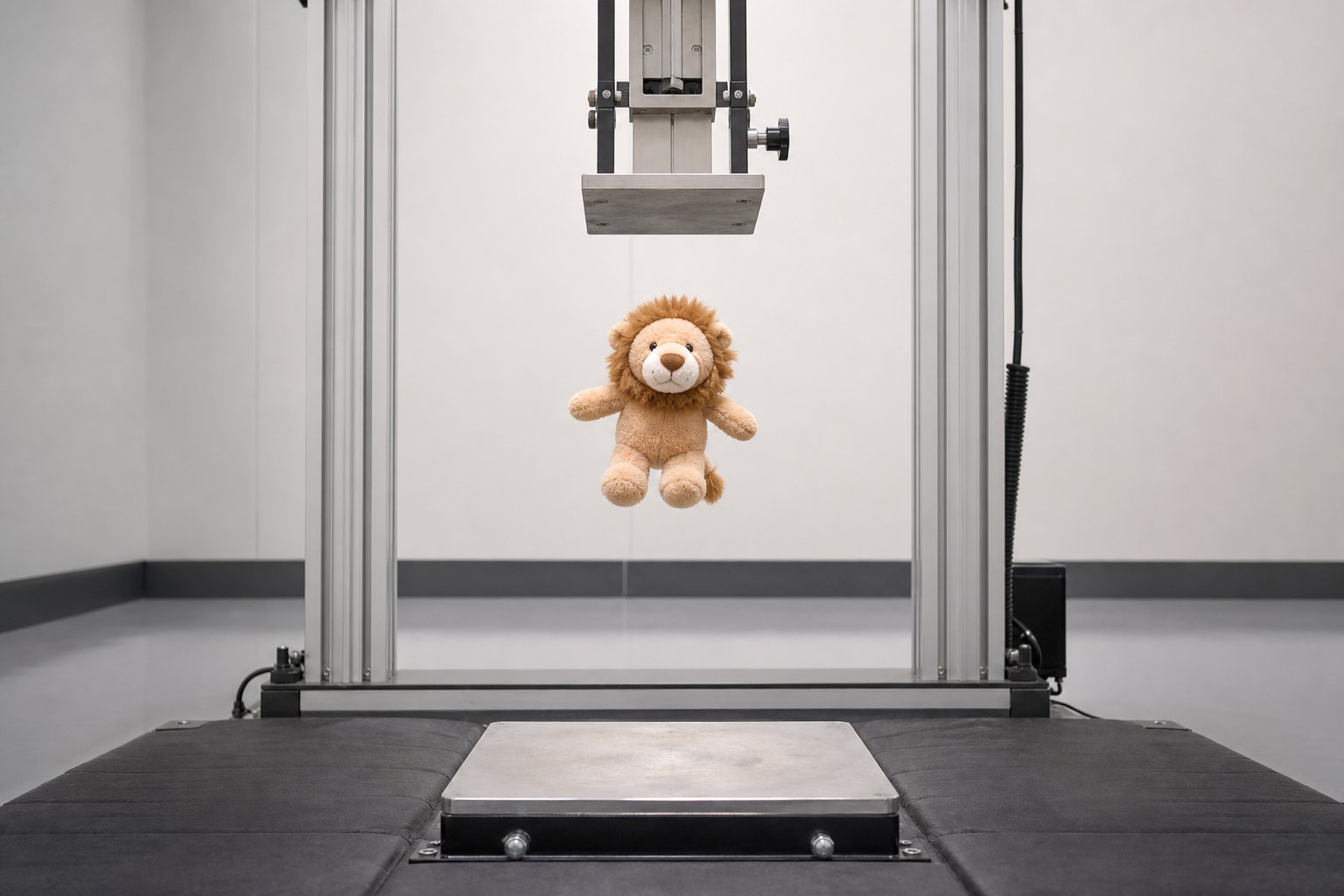 Drop test tower releasing a plush toy toward a steel plate in a QC lab