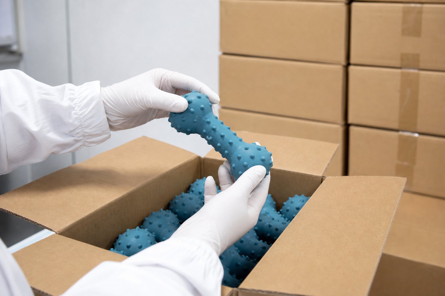 Inspector lifting a rubber chew toy from an opened export carton during an odor check