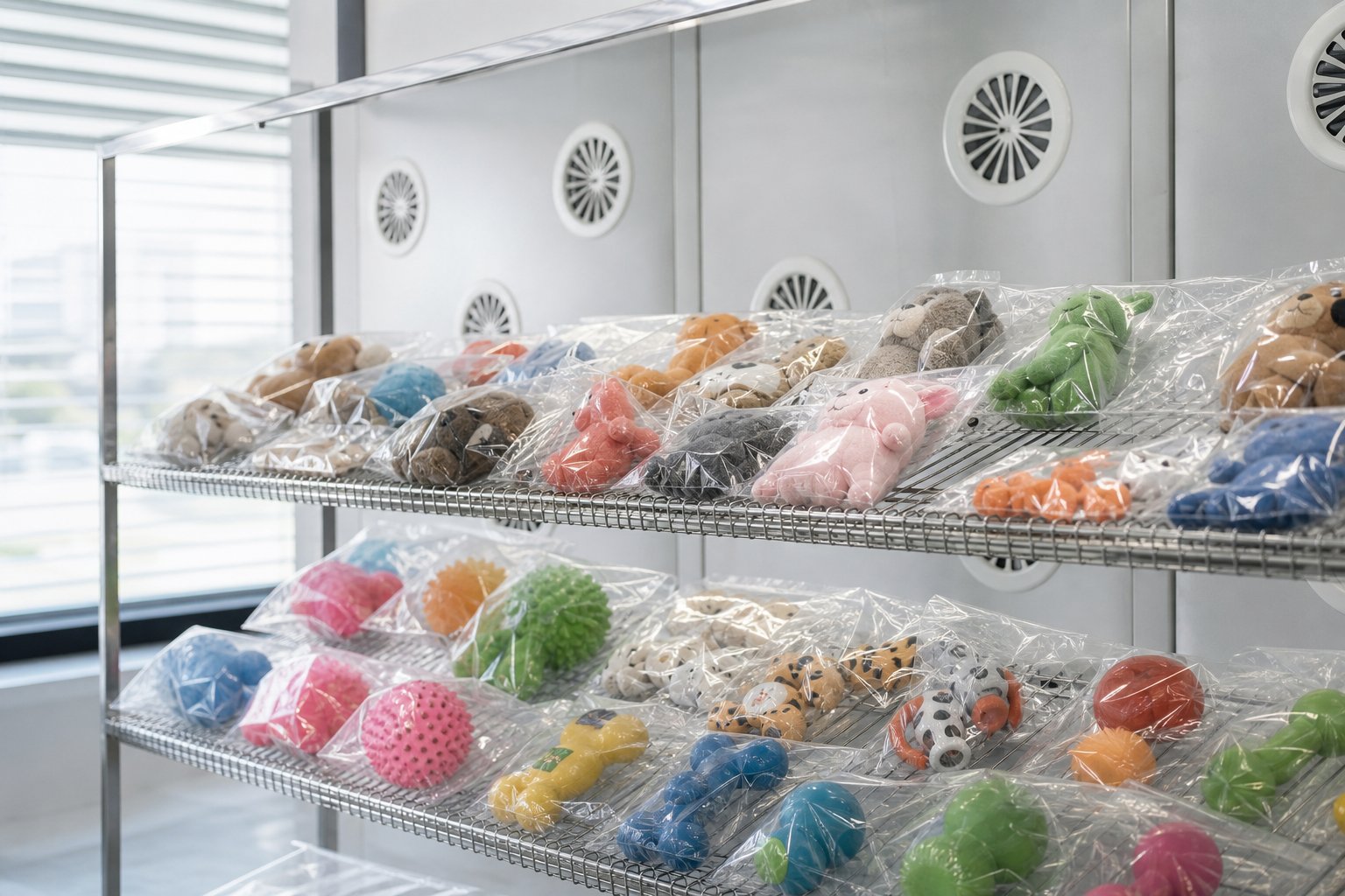 Toys sealed in sample bags resting on a rack in a ventilated QC room during the blocked reading