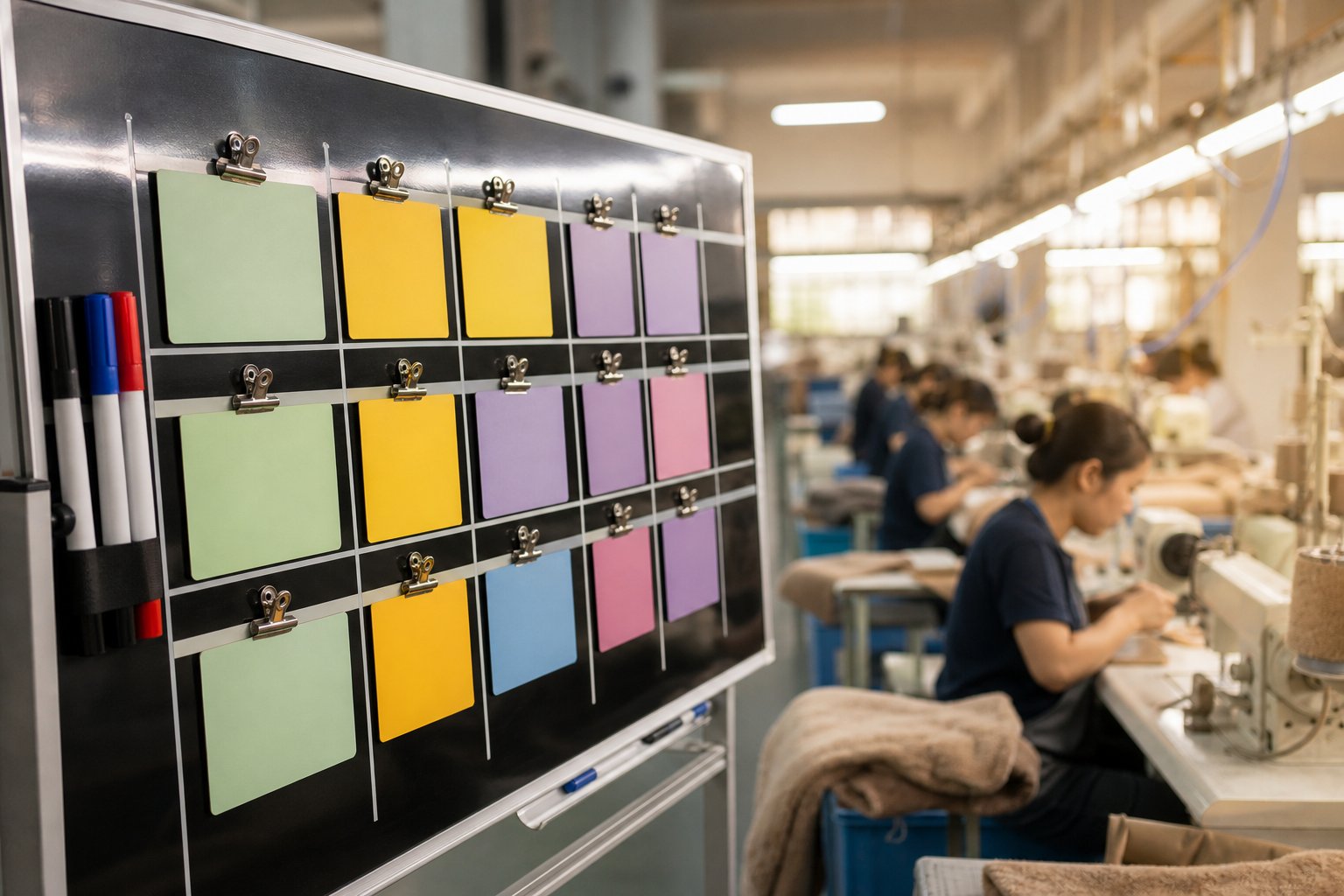Close-up of a production schedule board with planning cards above a workshop floor