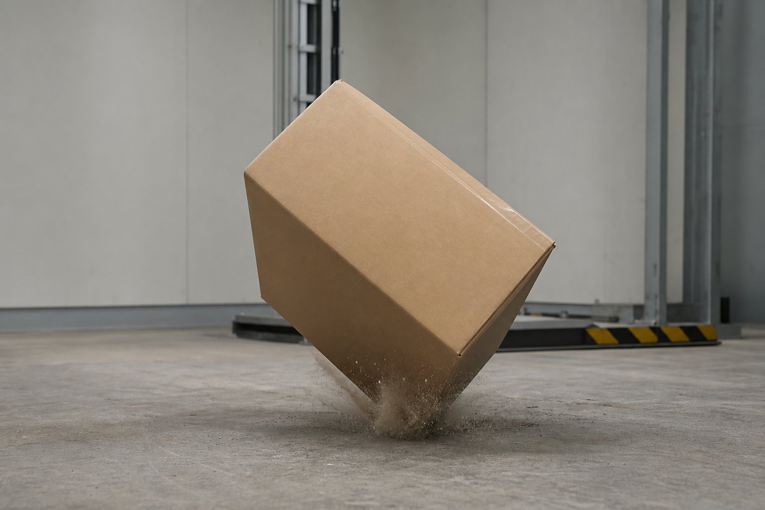Carton dropped on its corner during a packaging test, with printed color boxes nearby