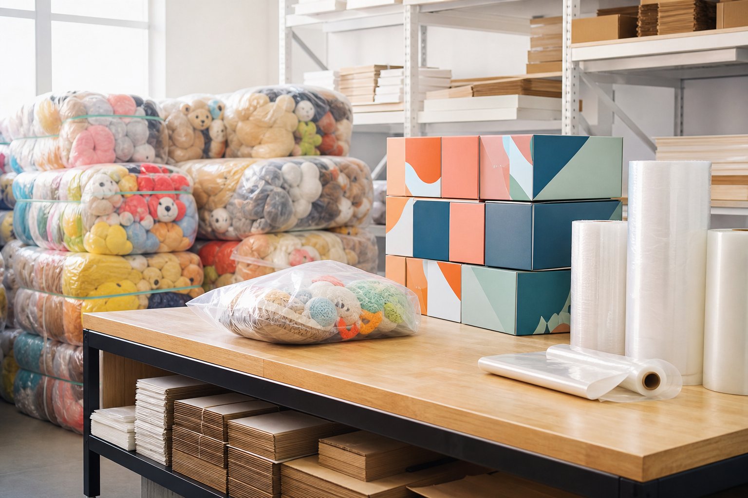 Compressed plush toys packed alongside printed color boxes on a packing bench