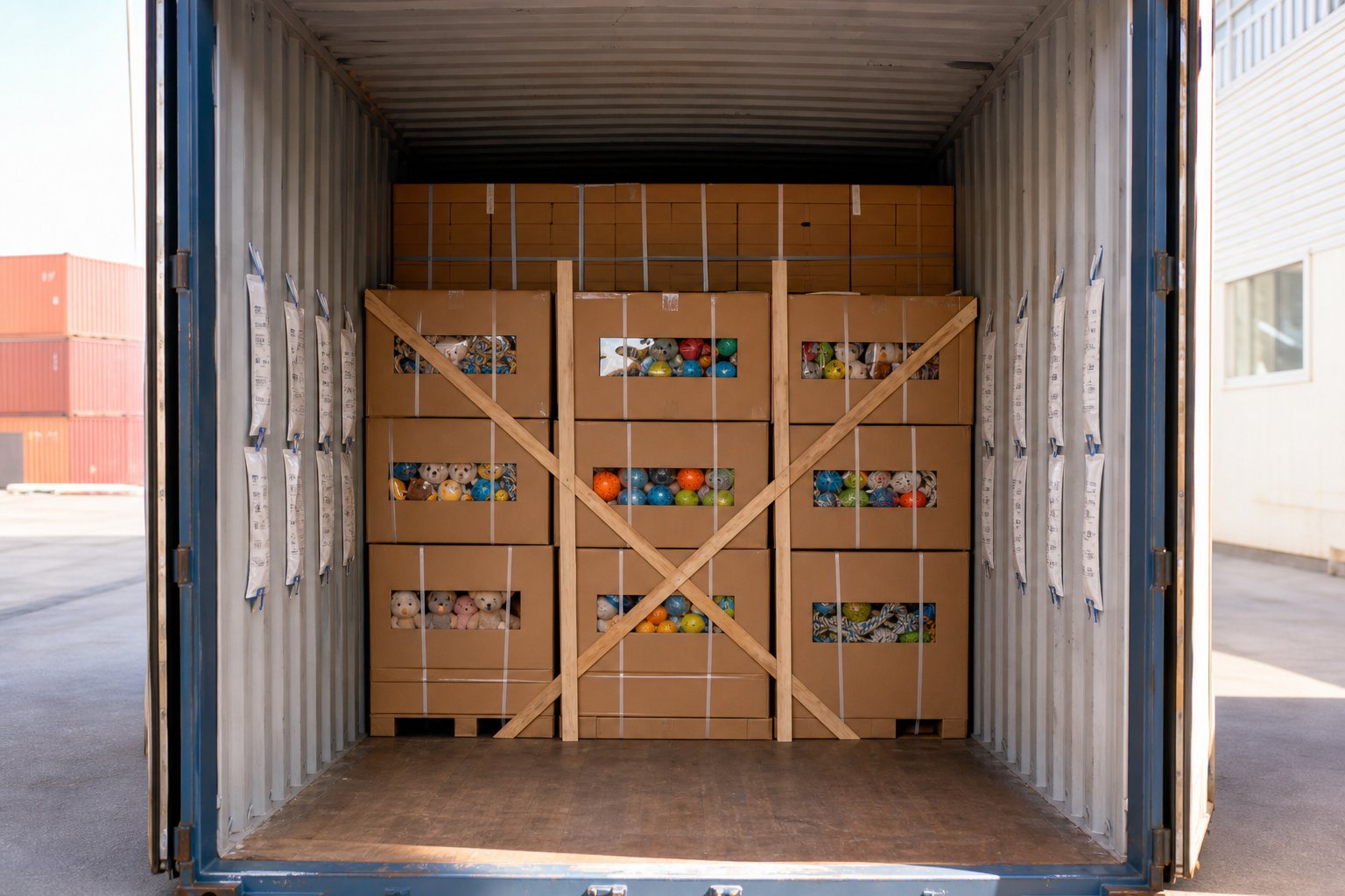 Container interior filled with stacked cartons and bracing before the doors close