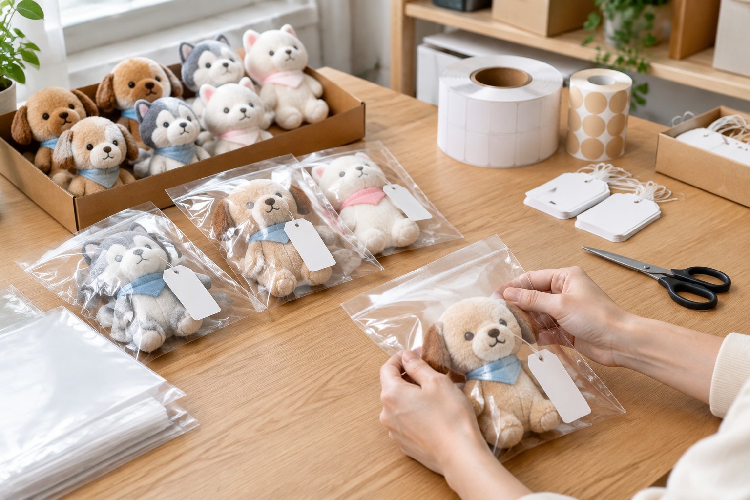 Packing bench with a small private label run of plush toys and hangtags laid out