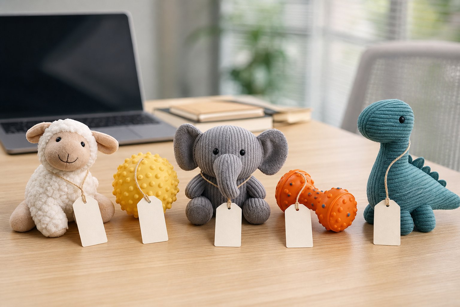 Five sample toys with identification tags arranged in a row on a desk
