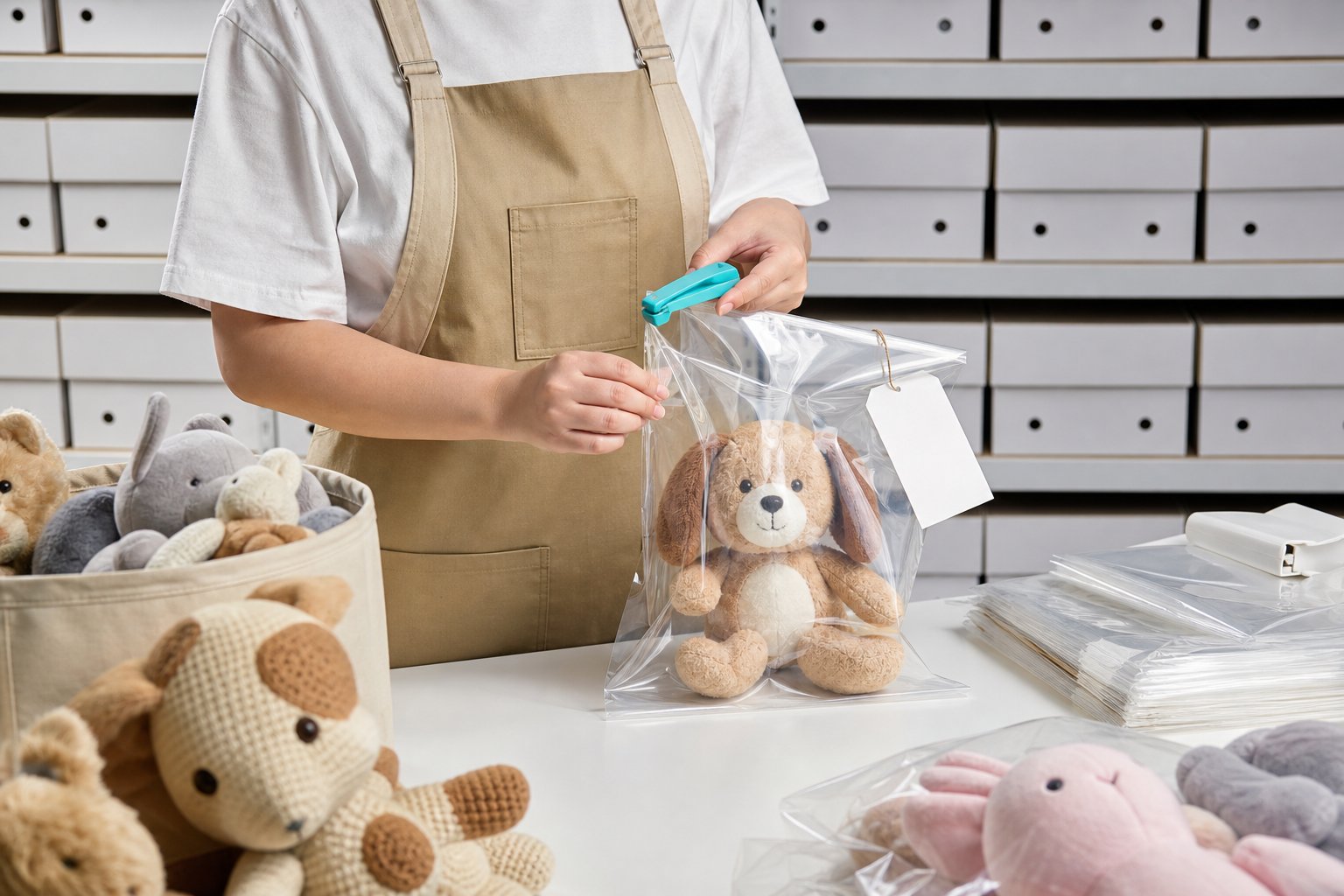 A sample toy being sealed into a bag with its identification tag before storage