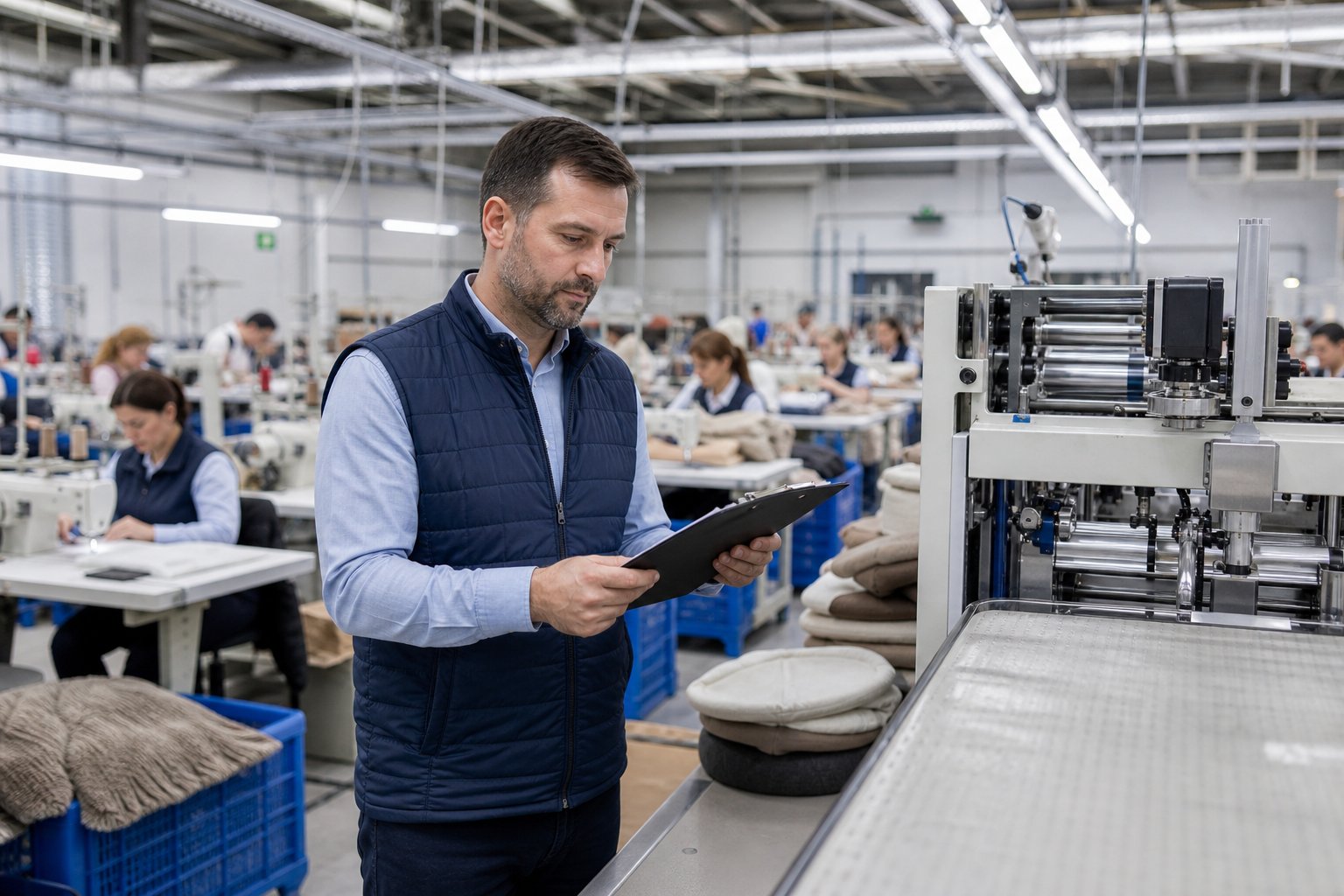Auditor comparing a checklist against machinery on a factory floor