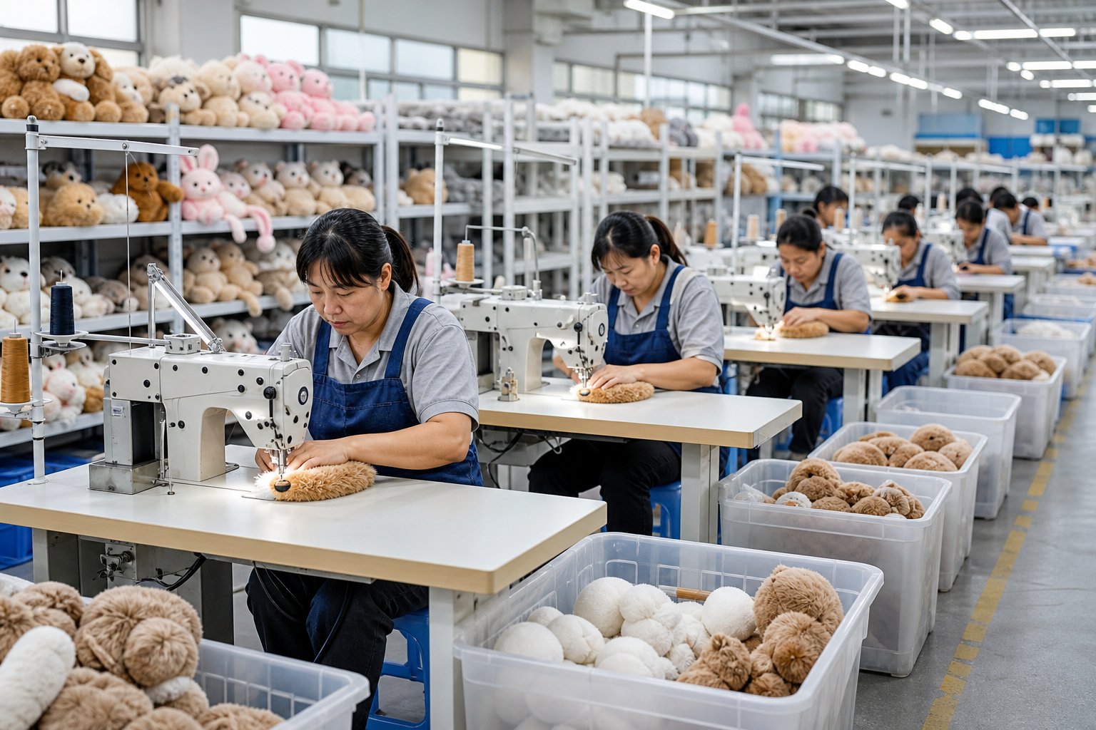 Rows of sewing stations in a plush toy workshop with bins of parts