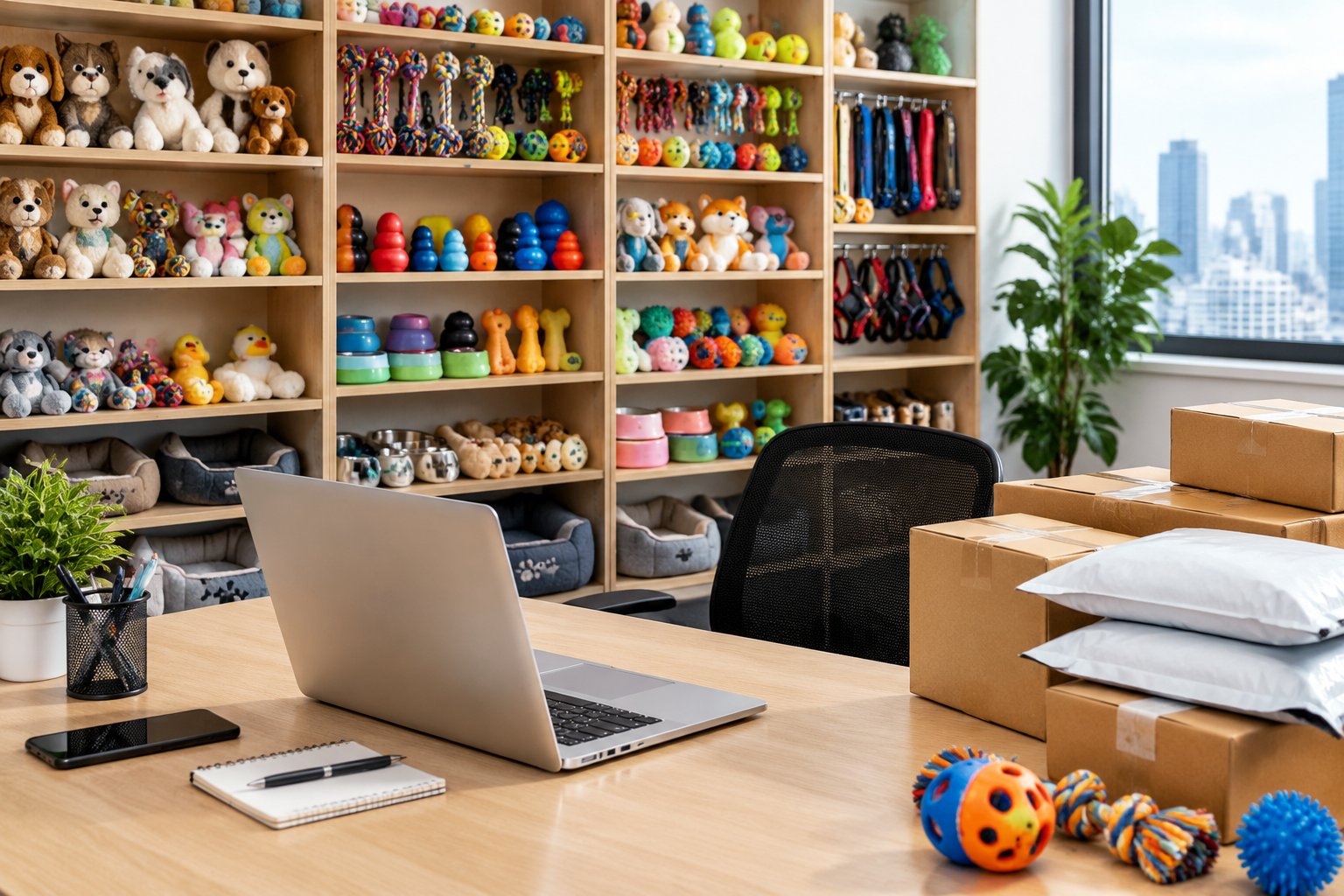 Trading office with a large shelf of assorted pet toy samples