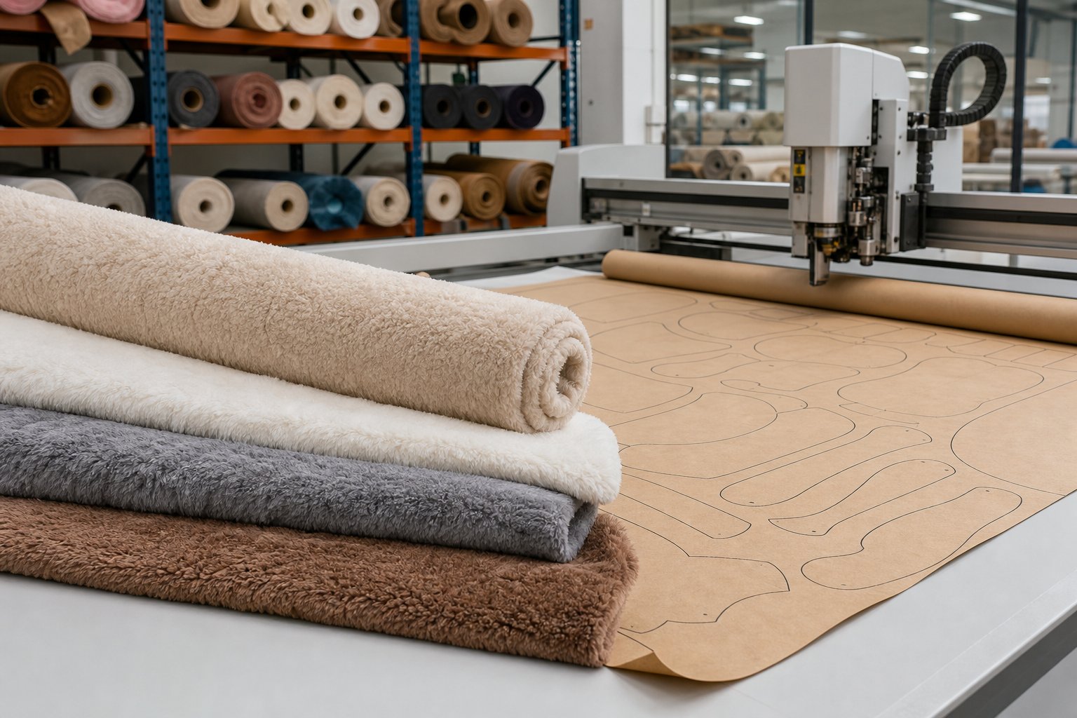 Layered plush fabric on a cutting table ready for marking and cutting