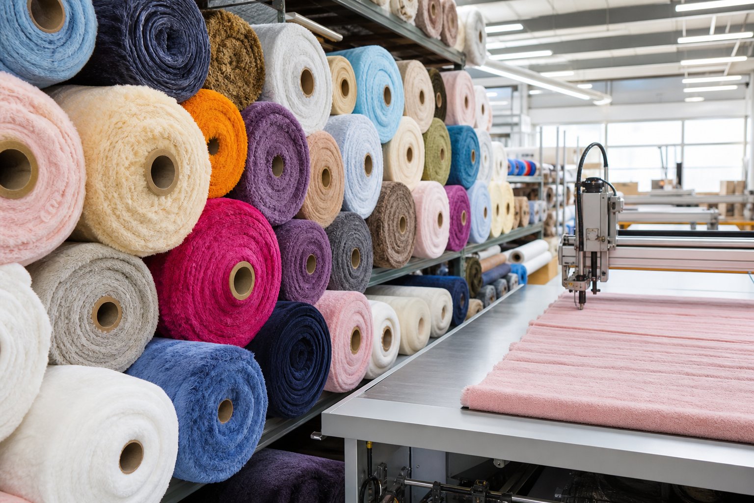 Fabric rolls in a factory material warehouse beside a cutting marker