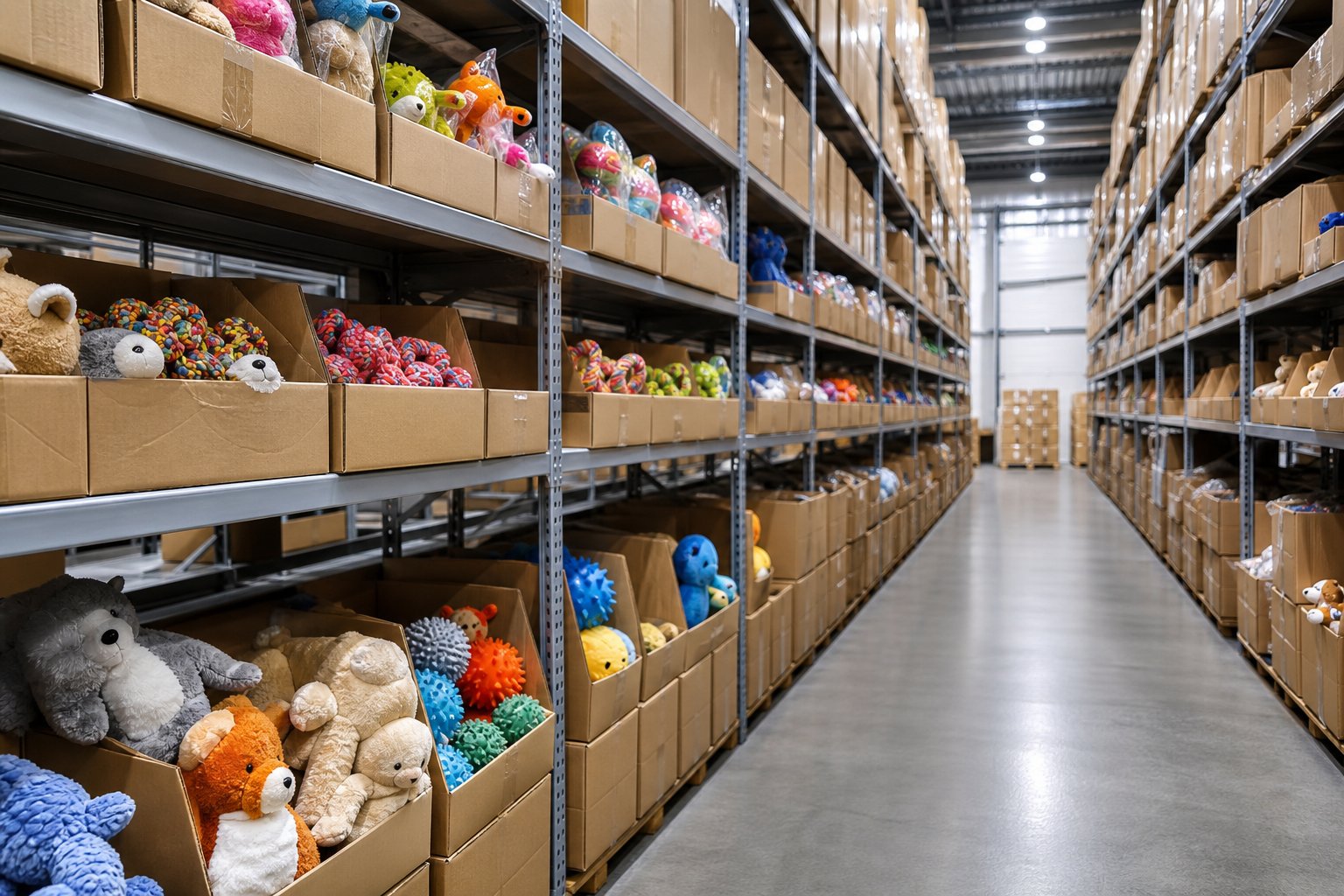 Warehouse aisle with labeled cartons of pet toys on shelves