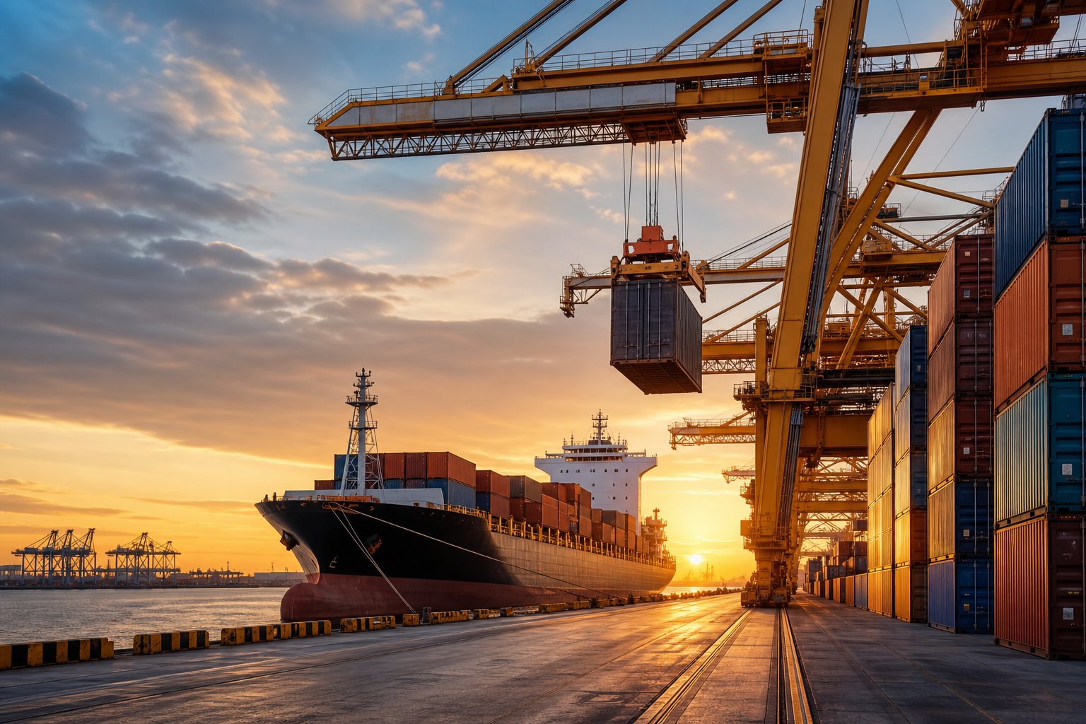 Container terminal cranes loading a vessel
