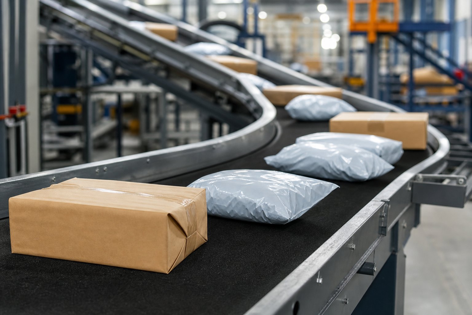 Courier parcels moving along a sorting line