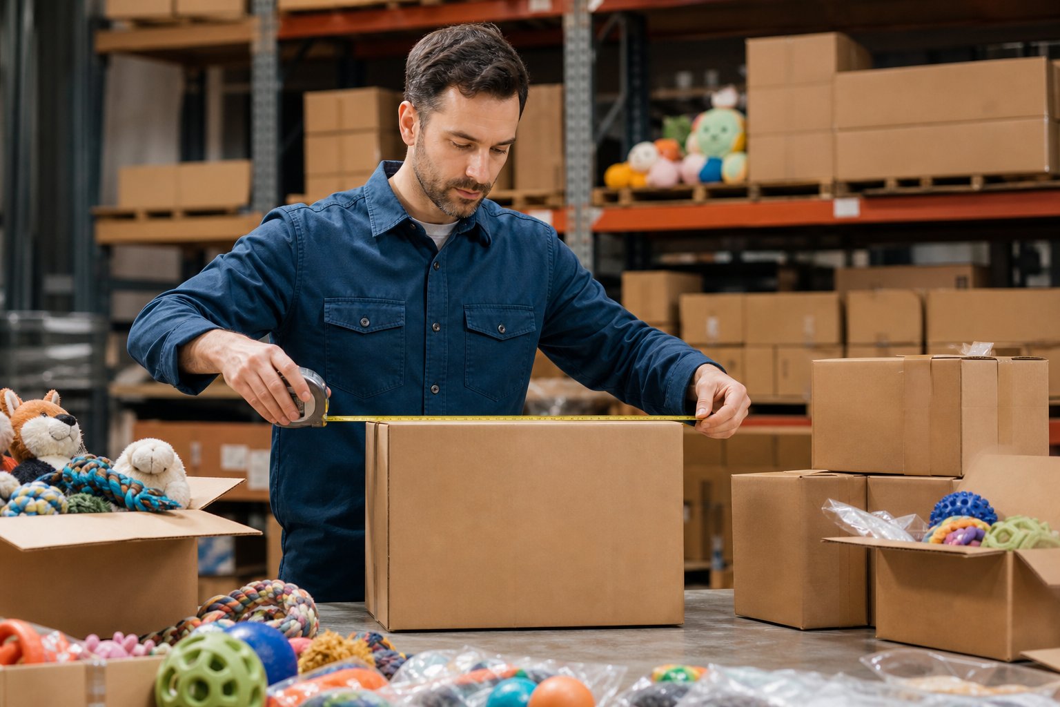 Warehouse worker measuring a carton with a tape measure on a packing bench