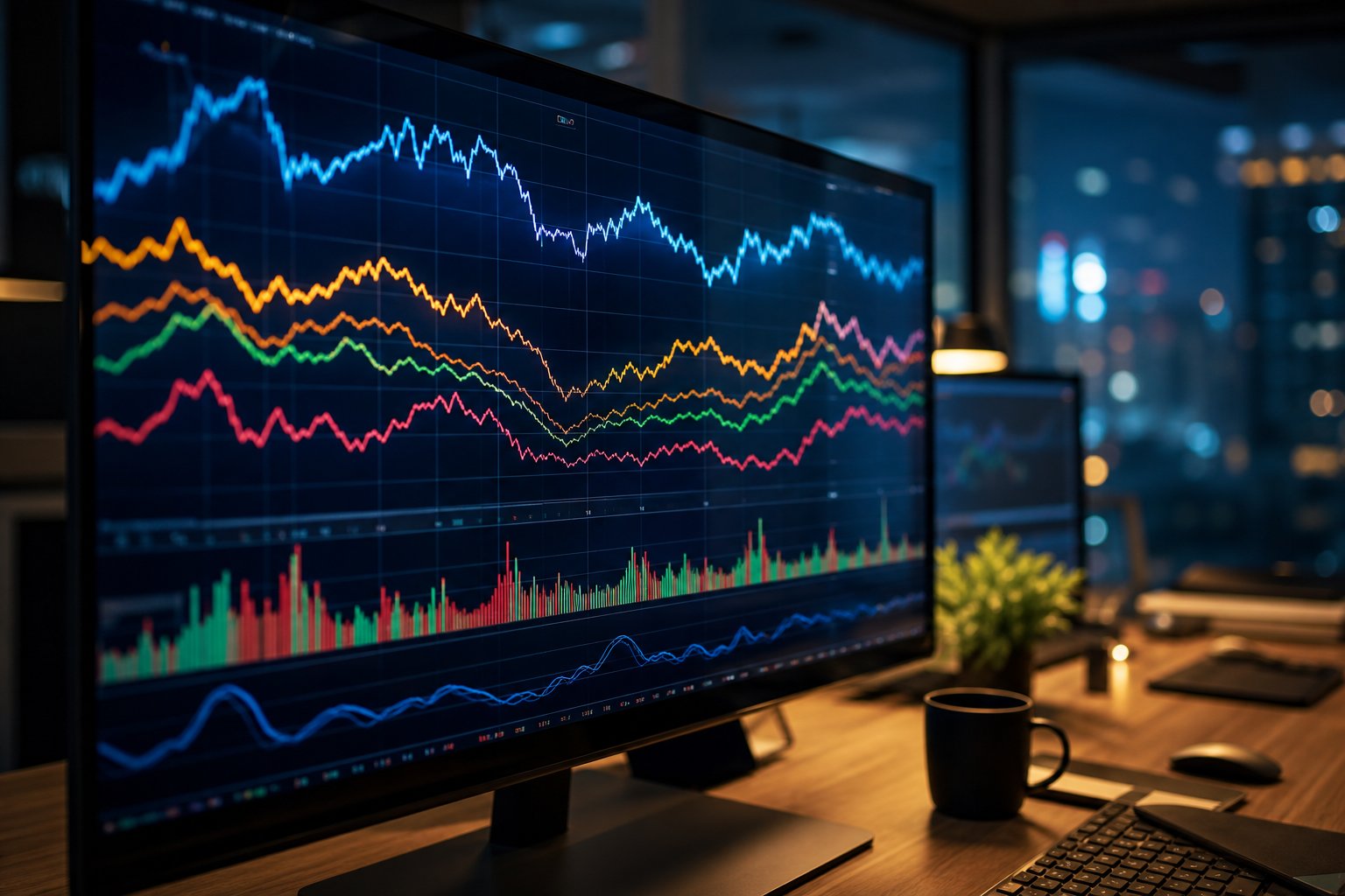 Currency rate charts on a trading screen in a dim office