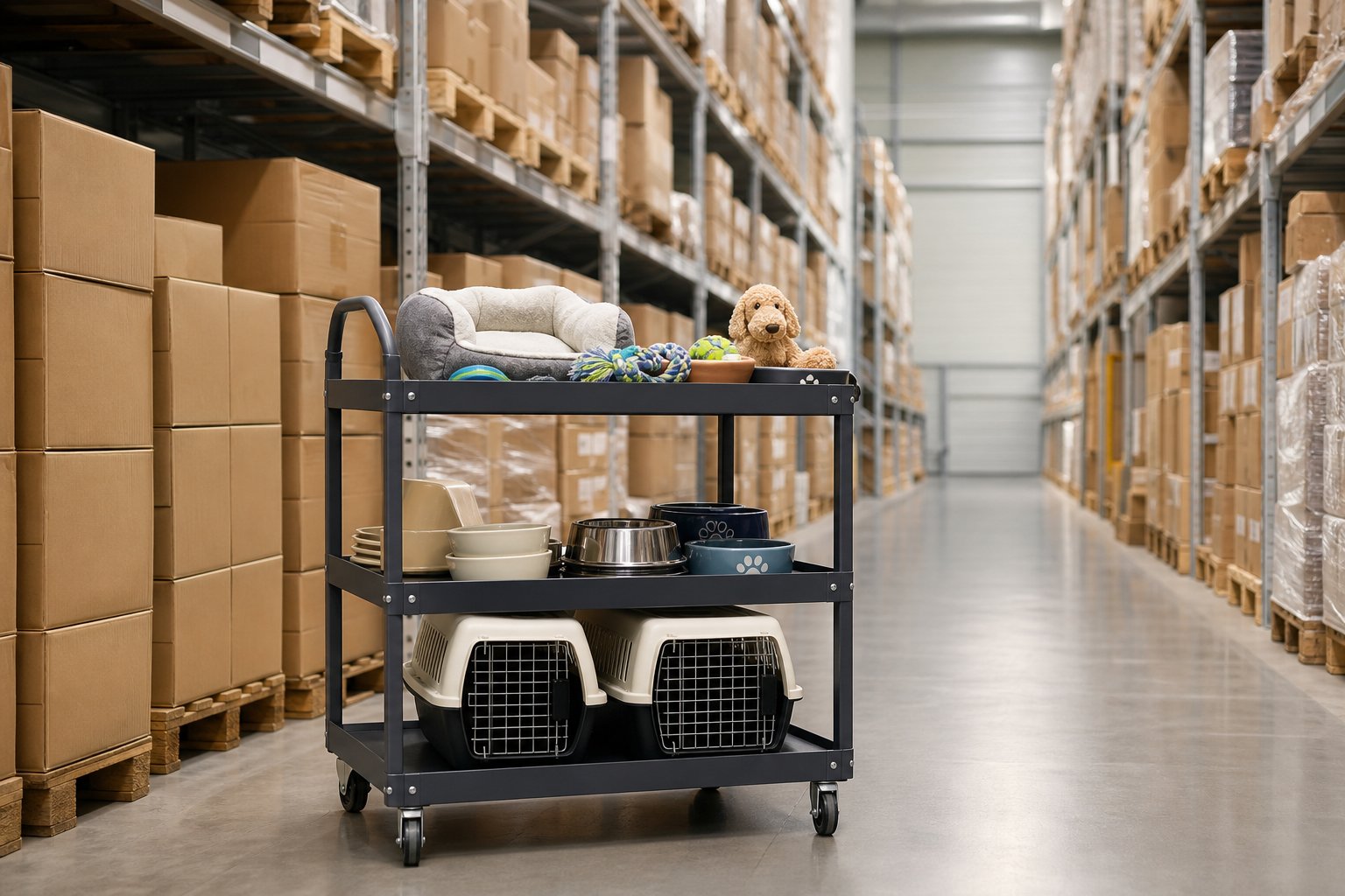 E-commerce warehouse shelving stacked with cartons