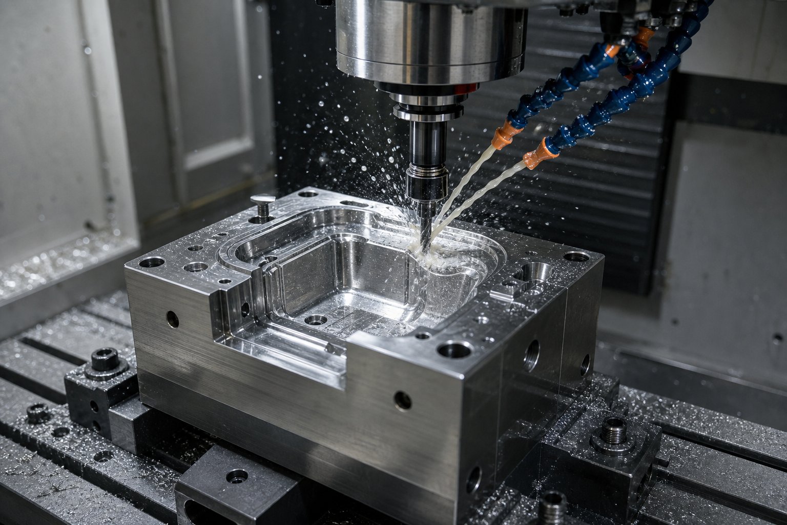 CNC machine cutting steel for a toy mold with coolant spray