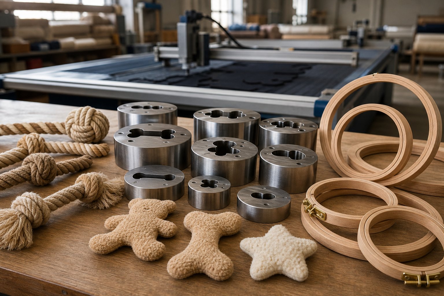 Rotary cutting dies and embroidery frames for plush toy production on a workshop bench