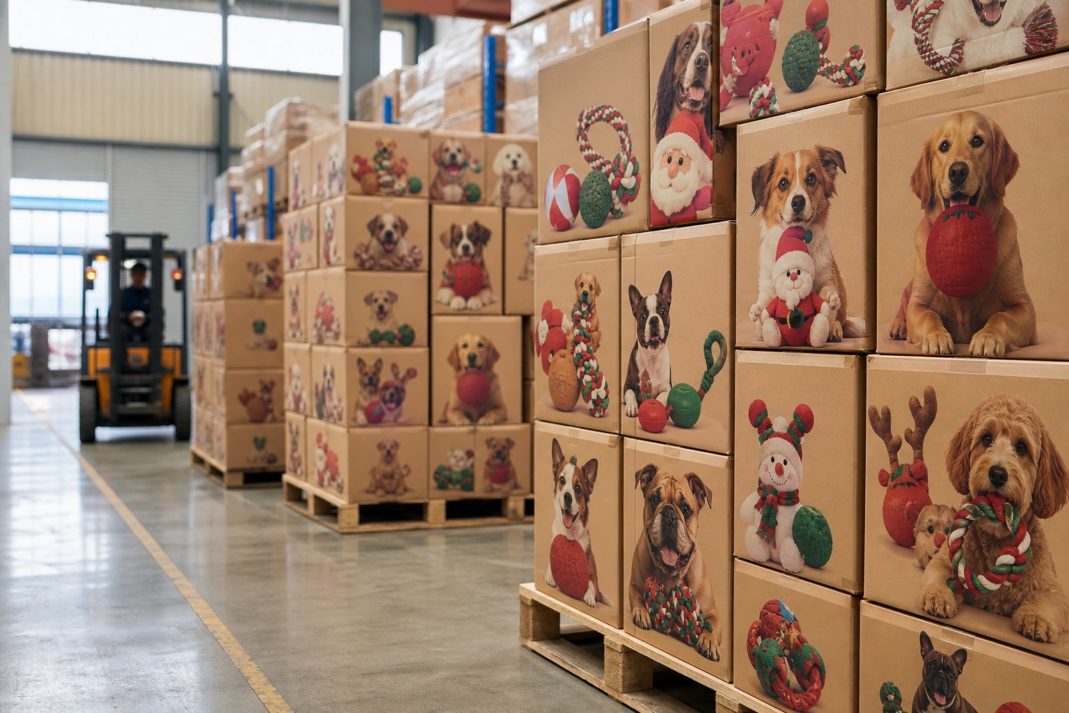 Warehouse aisle stacked with holiday-themed pet toy cartons ready for loading
