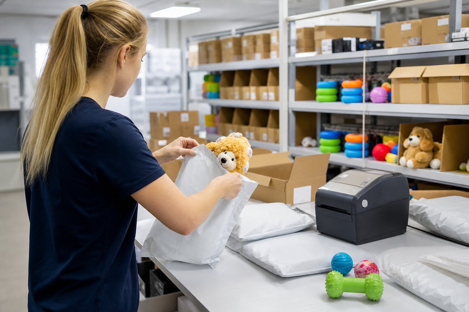 Fulfillment workstation printing labels for single pet toy parcels