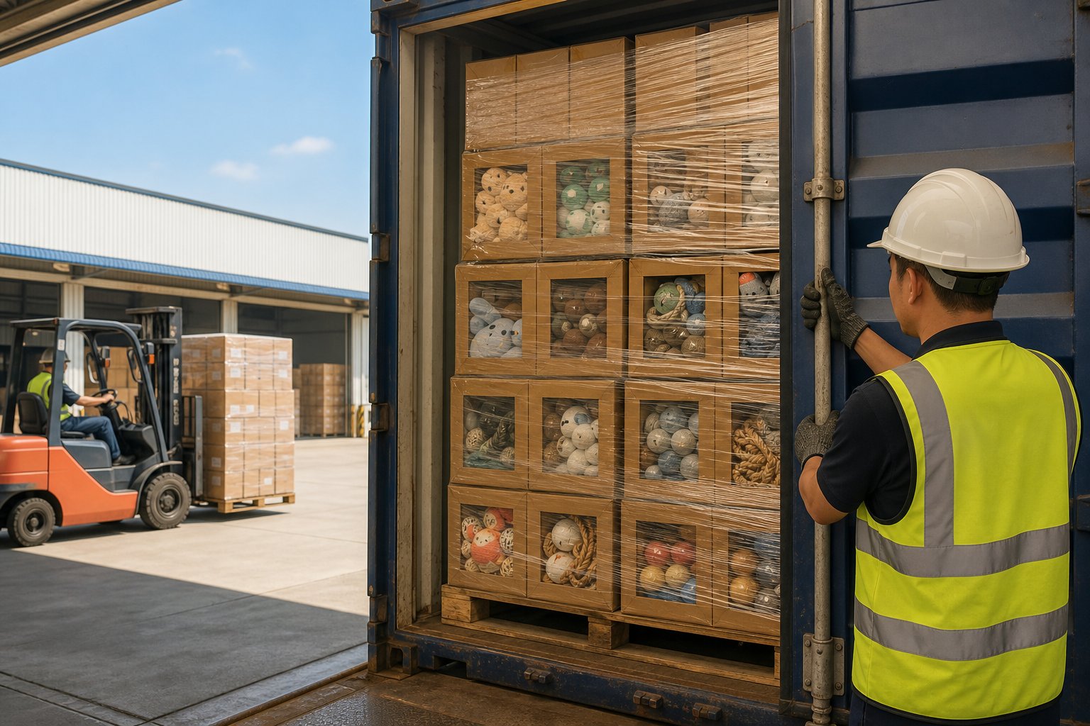 Container door closing on stacked pallets of pet toy cartons at a warehouse dock
