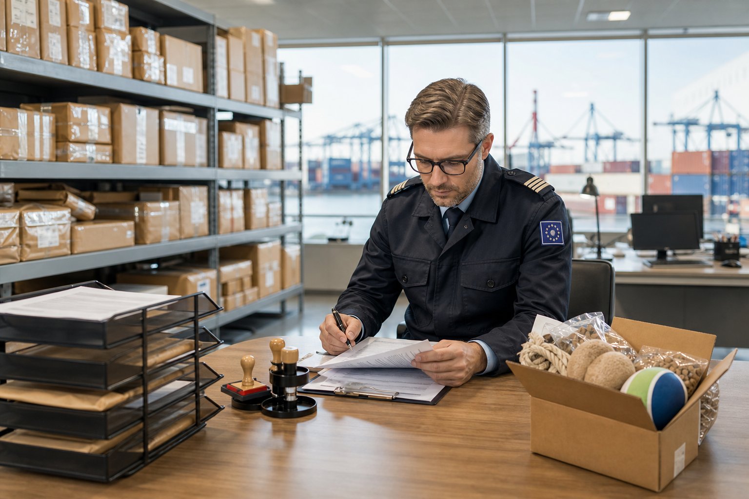 Customs clearance office desk with import documents and queued parcels