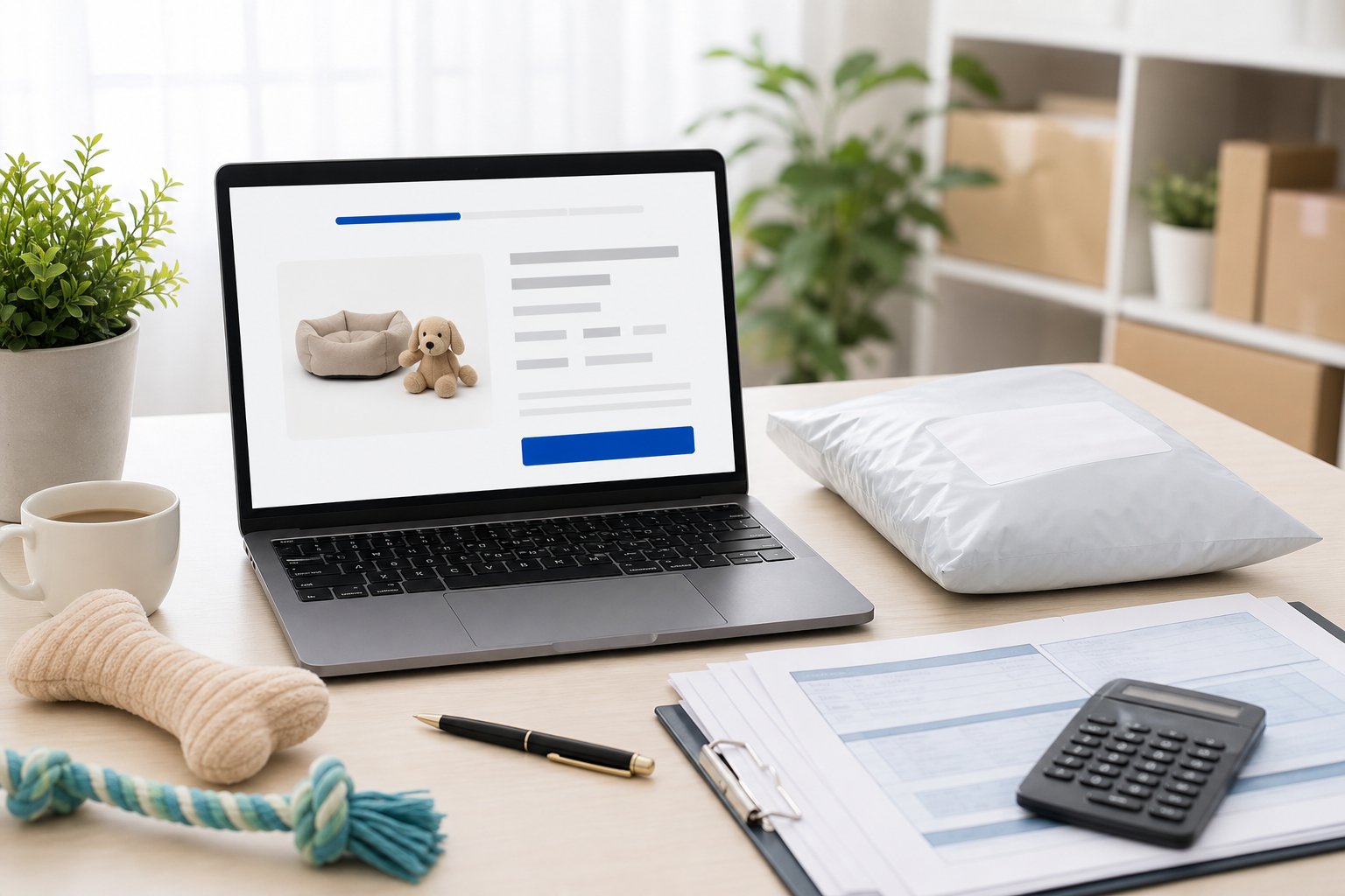Laptop with a checkout page beside a small parcel and tax documents on a desk
