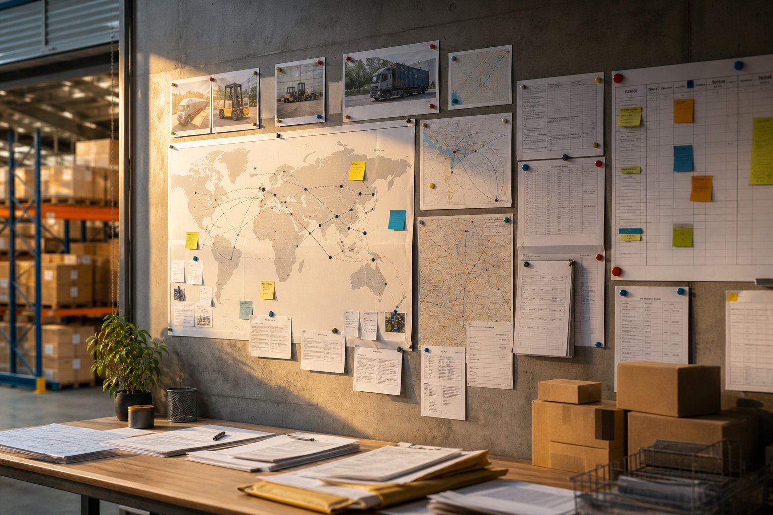 Warehouse office wall with route diagrams and planning notes beside shipping documents