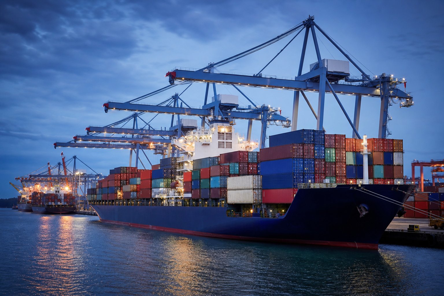 Container ship loading at port cranes, global trade concept