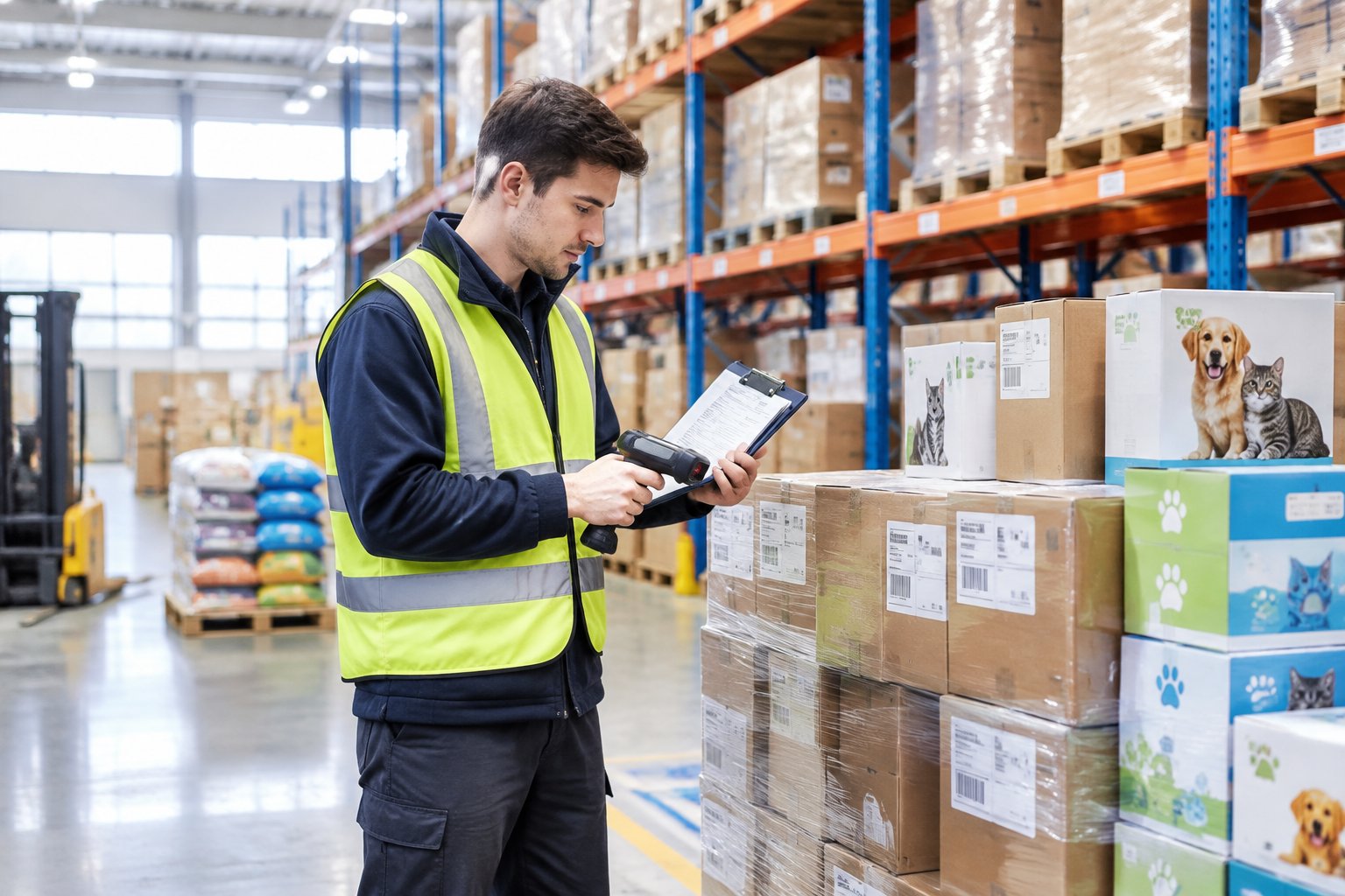 Warehouse worker scanning carton labels against a clipboard packing list