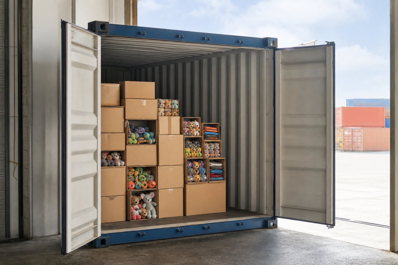 Open shipping container half loaded with neatly stacked pet toy cartons of different sizes