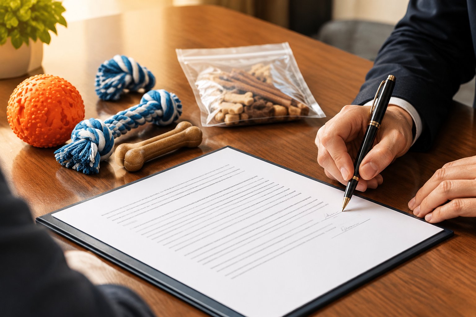 Close-up of a supply agreement being signed with toy samples beside the page