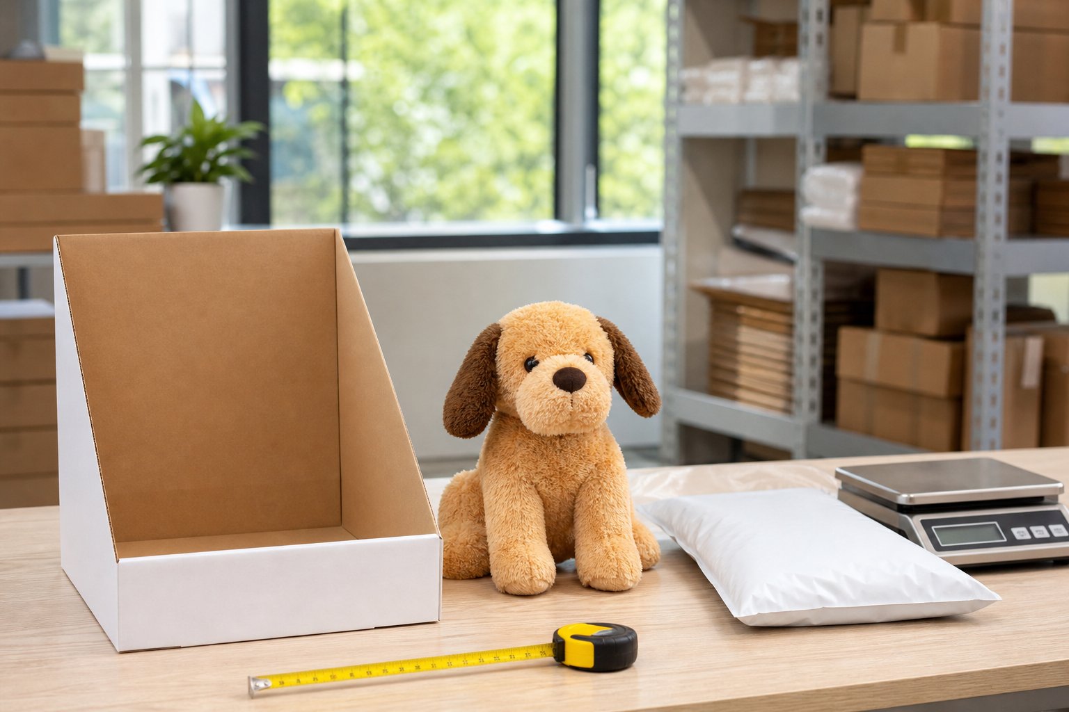 Packing station comparing a bulky toy box and a slim mailer with the same plush toy
