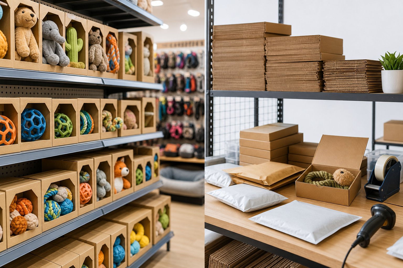 Retail shelf of pet toy boxes beside an ecommerce packing bench with mailers