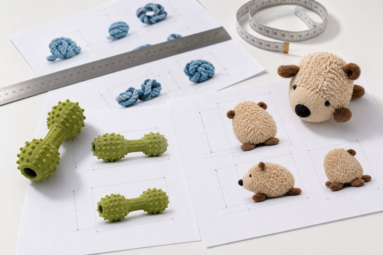Size chart printouts, a ruler and toy samples arranged on a desk for listing documentation