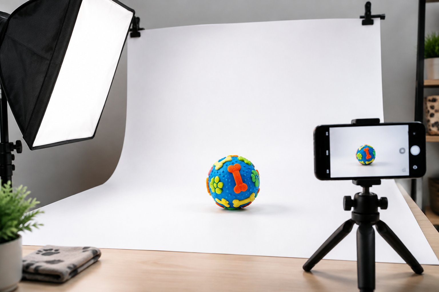 Small tabletop photo studio with a white sweep and a rubber dog ball being filmed by a phone on a tripod