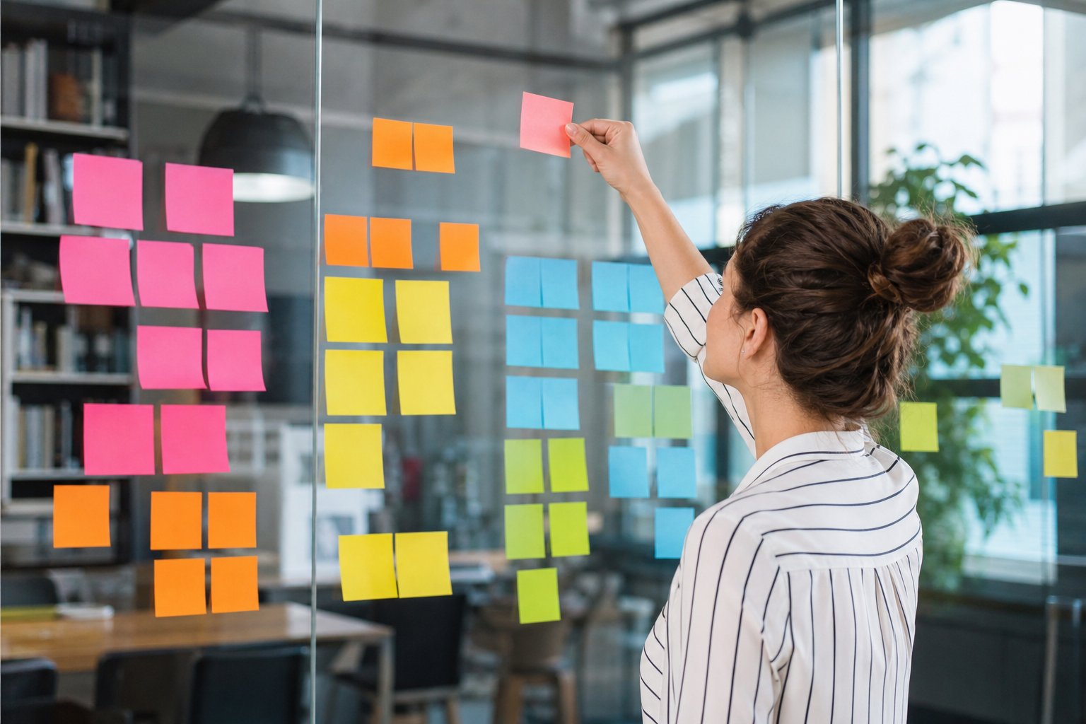 Glass wall covered in clustered sticky notes forming a keyword map beside a work desk