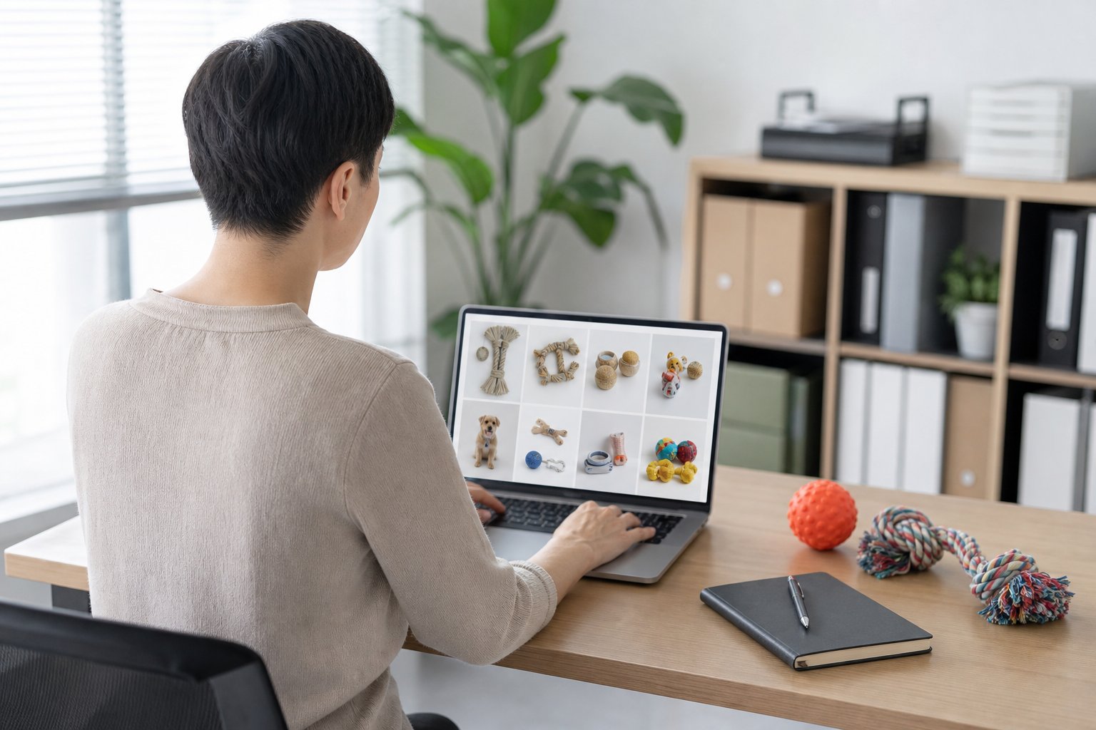 Buyer seen from behind at a laptop, pet toy samples and a notebook arranged on the desk
