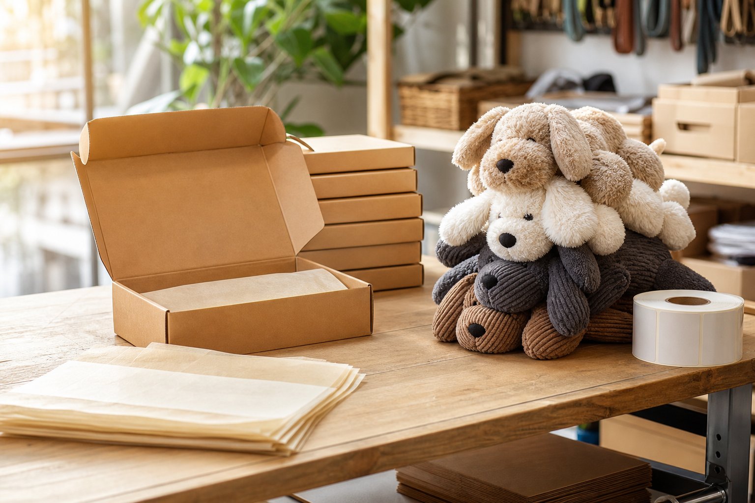 Packing bench with mailer boxes, tissue paper, toy stock and a label roll in a small brand warehouse
